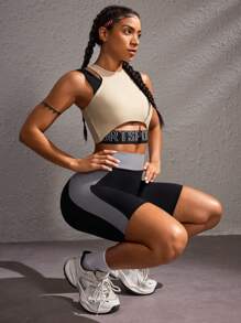 Powerista Contrast Color Stitching High Waist Seamless Sports Shorts Biker Shorts - Black - View 10