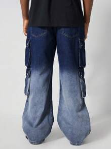 ROMWE MEN Street Life Men's Cargo Casual Multi-Wear Washed Wide-Leg Cargo Denim Jeans With Flap Pockets - Blue - View 5