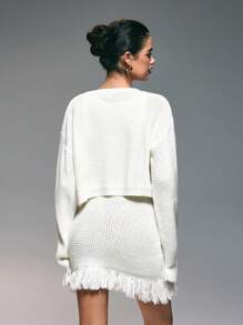 Zolique 2 件套：无袖纯色磨边连衣裙和开衫针织衫 - 白色 - 查看 2