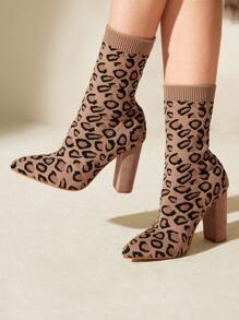 CUCCOO BASICS Women's Pointy Toe Chunky Heel Leopard Print Slip-On Elastic Knit Sock Boots, Mid-Calf Short Boots Spring Shoes Spring Break Easter
