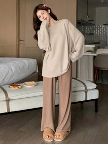 DAZY 1set Women Solid Color Round Neck Drop Shoulder Long Sleeve Top And Pants, Casual Loose Fit Sleepwear/Loungewear Set - Khaki - View 4