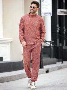 Manfinity Homme Conjunto de sudadera con cremallera media y pantalón de chándal con cordón en la cintura para hombre, estilo informal, otoño - Verde - Ver 3