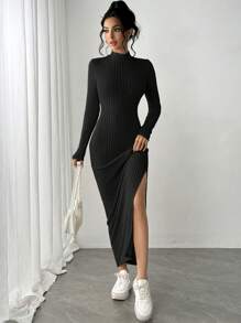 Siren Gaze 女士长款侧开衩高领长袖连衣裙，米色女士连衣裙罗纹连衣裙长款连衣裙冬季长款毛衣连衣裙长款紧身连衣裙开衩连衣裙 - 黑色 - 查看 6