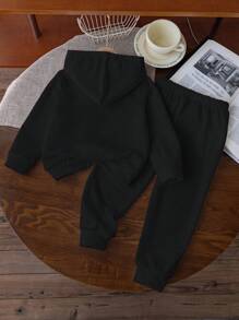 طقم بلوزة مقنعة وبنطال رياضي للأولاد الصغار مطبوع عليها حرف السيارة 2 قطعة/مجموعة - الأسود - مشاهدة 4