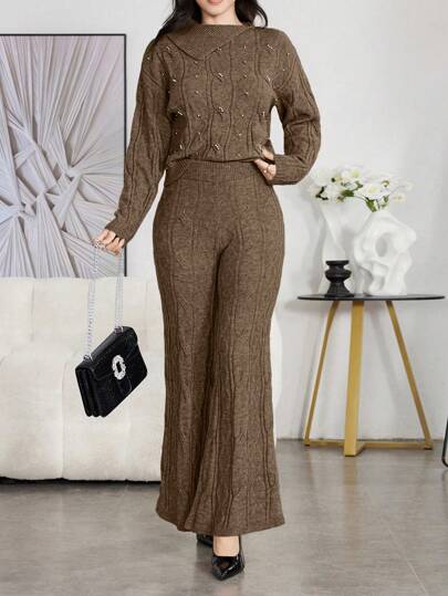 Seusyu 2 件套：设计领串珠粗针织毛衣和高腰休闲裤，百搭 2 件套