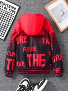 SHEIN Tween Boy Casual Outdoor Red Gradient Thermal Lined Jacket With Letter Prints, For Big Kids