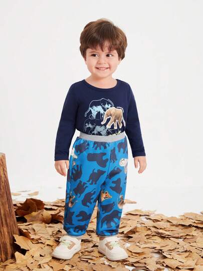 Animal Planet X SHEIN 2pcs/Set Baby Boy Casual Cute Elephant Graphic Long Sleeve Bodysuit & Blue Pants, Suitable For Autumn/Winter , Fall Clothes