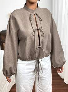 SHEIN Frenchy Camisa holgada de manga larga con moño frontal de estilo minimalista casual, cuello mao de estilo chino, ajustable, talla grande, para otoño/invierno