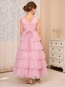 SHEIN 青春期女孩纯色网眼撞色无袖新款连衣裙，适合青春期女孩的晚礼服，适合钢琴/小提琴表演、演讲主持人、时装秀、生日公主裙 - 粉色 - 查看 2