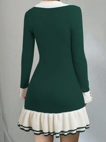 SHEIN Unity Gaun Sweater Elegan Wanita Musim Gugur/Dingin, Kerah Blok Warna, Lengan Panjang, Desain Kancing, Pakaian Musim Gugur untuk Wanita - Dark Green - View 2