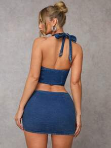 SHEIN ICON Women's Summer Sexy Halter Neck Denim Top - Dark Wash - View 2