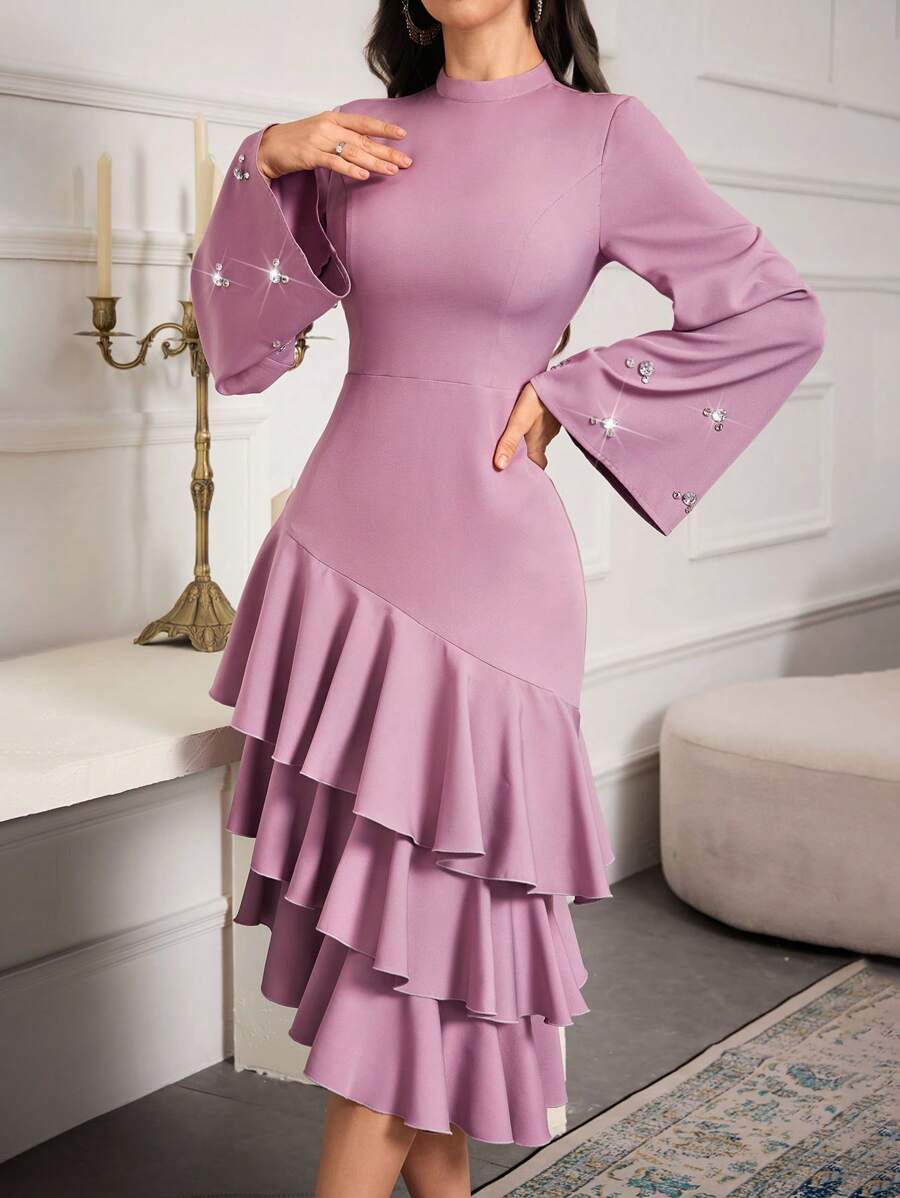 Modelyn Vestido de noche largo de manga larga hasta la mitad de la pierna, de cuello alto con cristales y volantes en capas, elegante para damas - Rosa - Ver 1