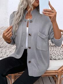 SHEIN LUNE Casual Loose Fit Big Pocket Button Up Stand Collar Long Sleeve Cardigan Sweater For Women - Grey - View 6