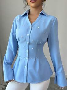Chiquease Women's Blue V Neck Elegant Retro Collar Beads Pearl Decoration Dating Party Valentine's Day Wedding Waist Design Waist Slimming Original Design Office Women's Long Sleeve French Autumn And Winter Shirt