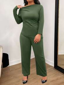 INAWLY Set de 2 piezas de talla grande: top asimétrico y pantalones de color liso casual, otoño