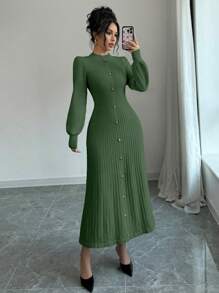 Elenzga 优雅纯色灯笼袖腰收腰长款毛衣连衣裙，秋冬 - 綠色 - 查看 1