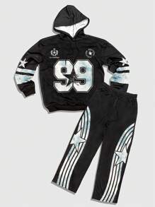 ROMWE MEN Prep Conjunto de sudadera con capucha y pantalones de chándal casuales con estampado numérico de manga larga de otoño para hombre