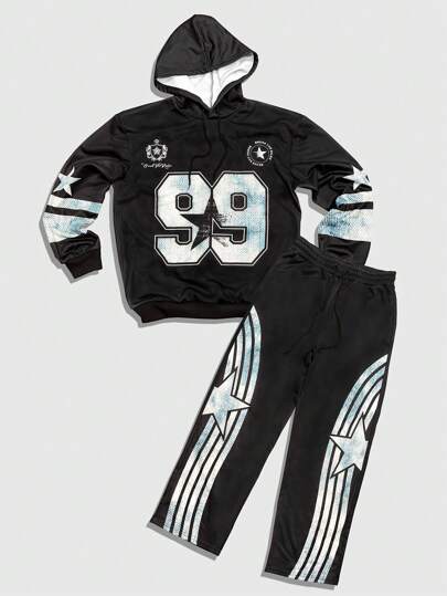 Prep Men's Autumn Numeric Print Long Sleeve Hoodie And Sweatpants Casual Tracksuit Set