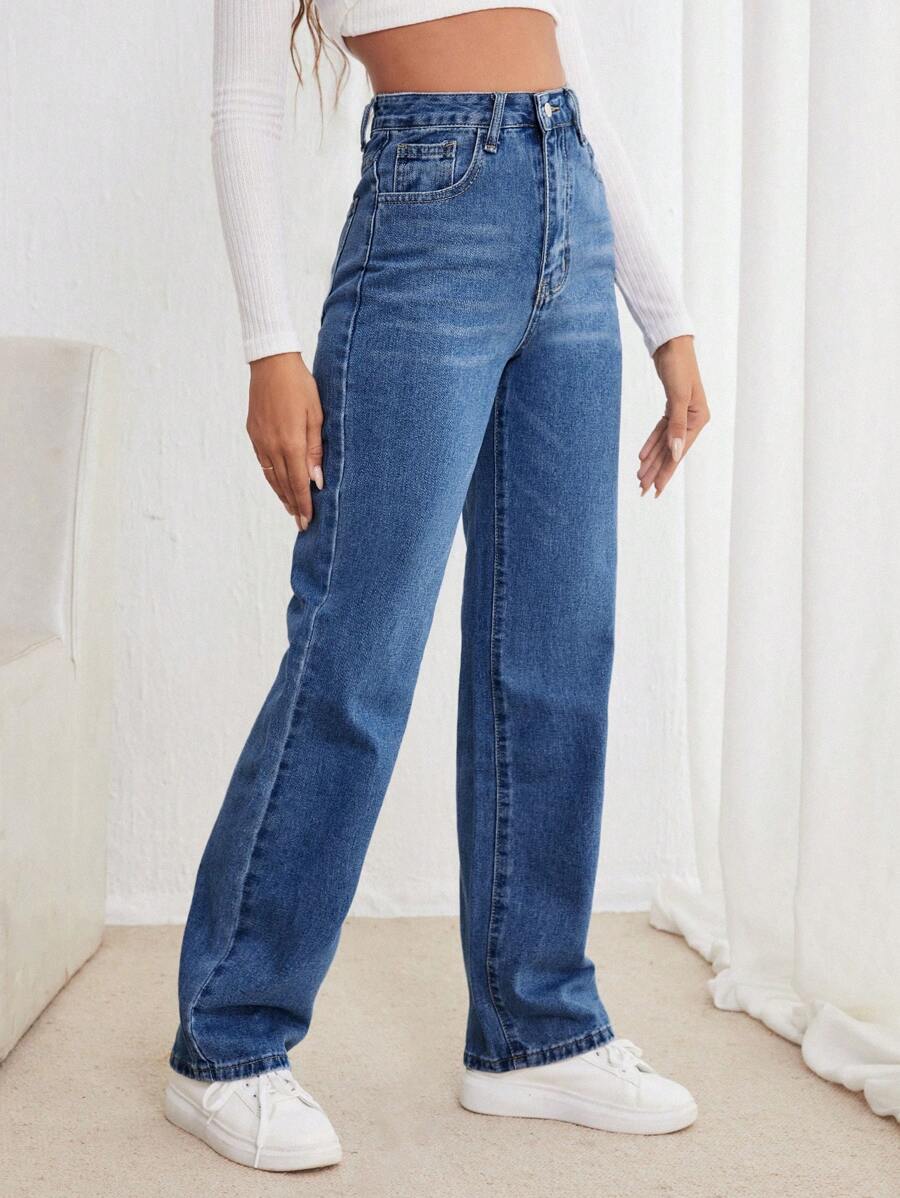 SHEIN Frenchy 休闲高腰直筒洗水牛仔裤 - 中等水洗藍 - 查看 1