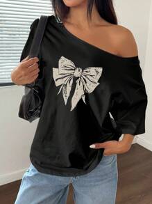 SHEIN Unity Women Casual Bow Shoulder Loose T-Shirt