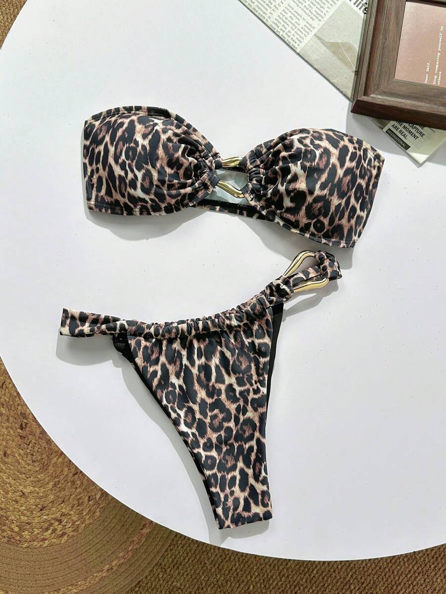 Swim Vcay 2pcs Sexy Vacation Style Random Printed Bandeau Top & Tie Strap Bikini Bottom Ladies Swimwear Set, Summer