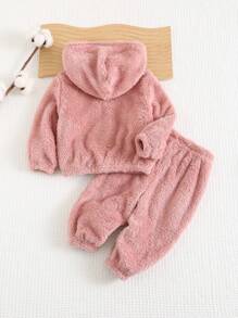 Cozy Pixies 2 件装女婴卡通小猫图案针织柔软连帽长袖套头衫和慢跑裤套装 - 粉色 - 查看 2