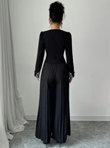 Chiquease 2pcs Knit Splice Long Sleeve Ruched Top + High-Waisted Ruched Pants Set, Collar Fitted Slimming - Black - View 2