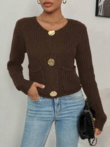 Chiquease Women's Casual Dual Pocket Button Front Cardigan, Suitable For Autumn/Winter - Coffee Brown - View 1