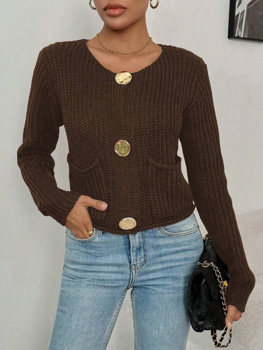 Chiquease Women's Casual Dual Pocket Button Front Cardigan, Suitable For Autumn/Winter - Coffee Brown - View 1