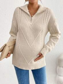 SHEIN Casual Loose-Shoulder Zip-Up Maternity Sweater, Simple Design For Autumn And Winter
