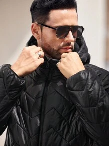 Manfinity Homme Chaqueta acolchada con cremallera y capucha con pespunte en Z para hombres, abrigo acolchado de invierno urbano para otoño/invierno, como regalo para amigos, esposo, novio