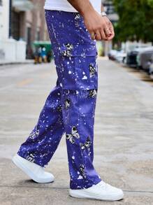 Manfinity Roughcore Pantalones cargo de hombre casuales de corte recto y sueltos con estampado de graffiti - Azul - Ver 2