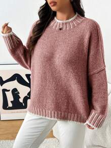SHEIN Frenchy Plus Size Loose Casual Stand Collar Colorblock Pullover Sweater, For Winter Fall - Dusty Pink - View 4