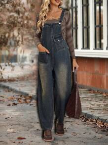 EMERY ROSE Women's Solid Color Pocket Casual Dungarees/Overalls, Autumn