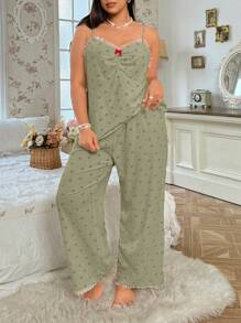 CottageSlumber Plus Size Cherry Print Spaghetti Strap Top & Pants & Robe 3pcs Loungewear Set, Cozy And Elegant Details, Clothes, Fall & Winter - Green - View 3