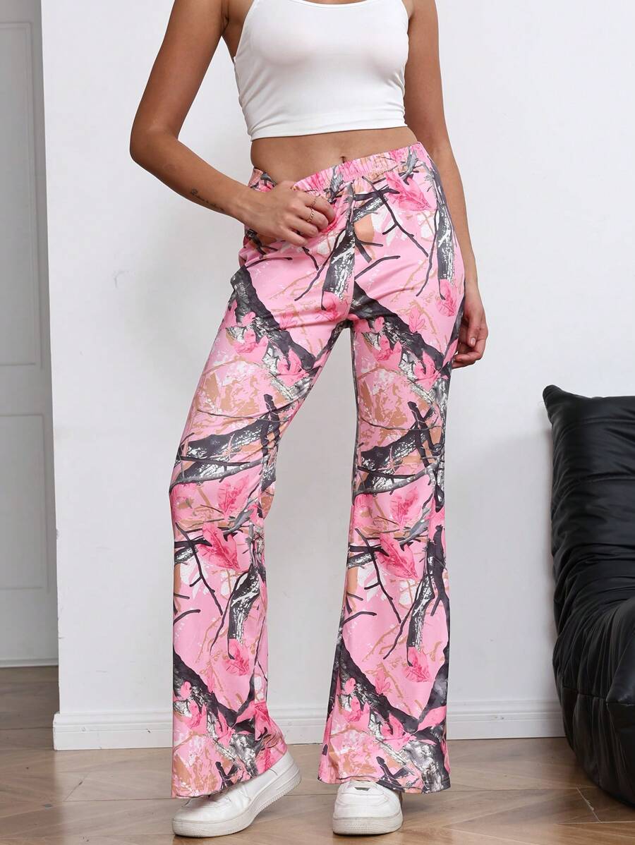 INAWLY Women's Pink Camo High Waist Slim Fit Flared Pants, Streetwear Fashion, Autumn Fall Cloth For Women - Multicolor - View 1