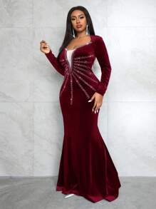 Slaydiva Plus Size Sequin Embellished Long Sleeve Velvet Mermaid Dress, Blue, Suitable For Formal Occasions