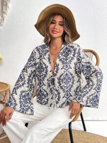 SHEIN VCAY Woven Printed Long Sleeve Loose Fit Women Blouse - Blue - View 6