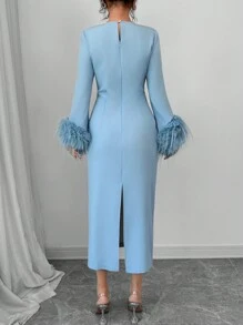 SHEIN Elenzya 优雅女士蓬松镶边圆领纯色长袖连衣裙长款女装 - 藍色 - 查看 2