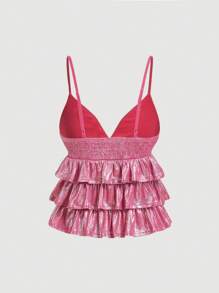 SHEIN MOD Top de tirantes rosa lindo con volantes superpuestos, tops de invierno, tops de fiesta, tops, tops de Nochevieja, Top rosa con volantes, Tops con rosa Emery