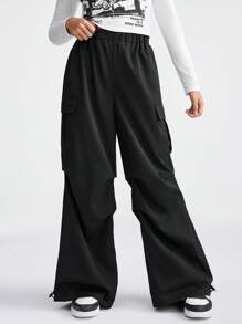 SHEIN 青少年女孩休闲街头风格纯色弹性腰部翻盖口袋宽松阔腿裤