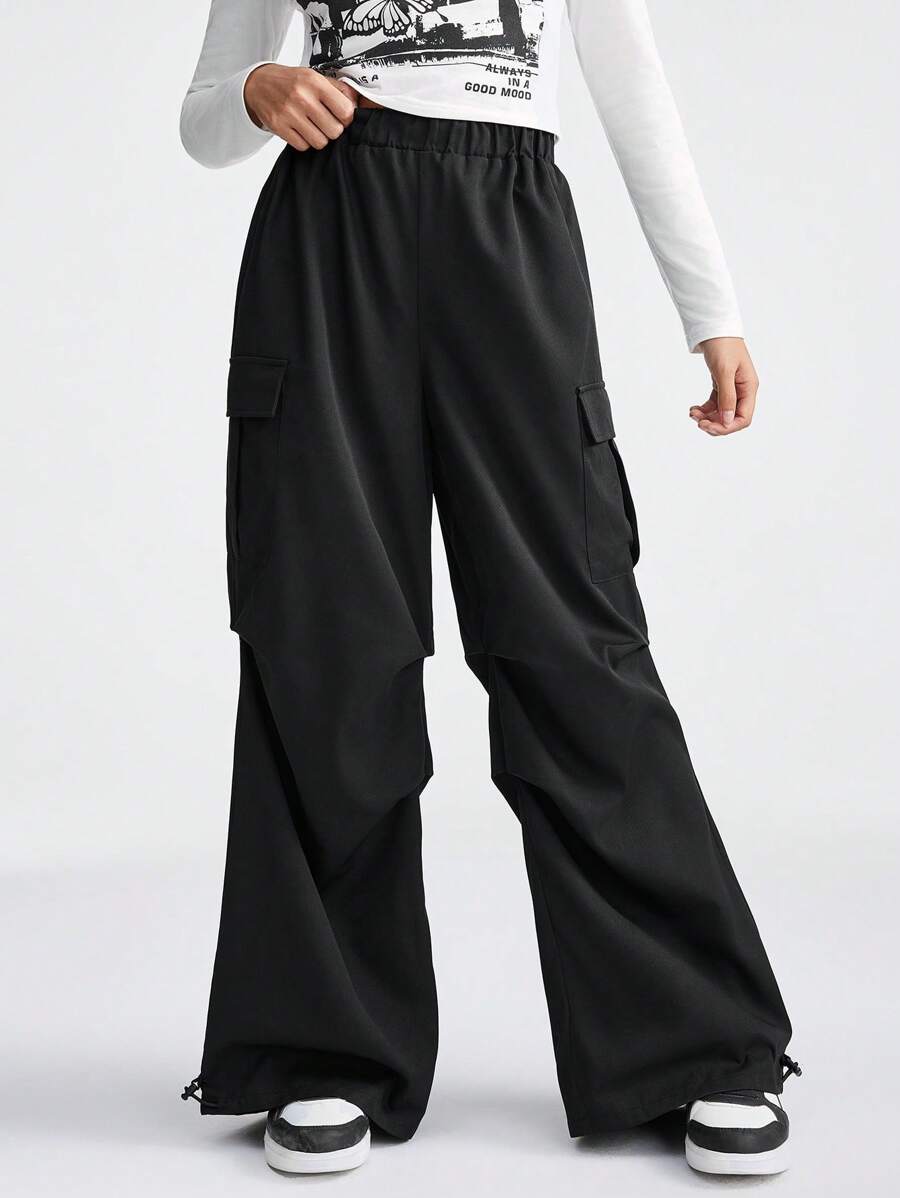 SHEIN 青少年女孩休闲街头风格纯色弹性腰部翻盖口袋宽松阔腿裤