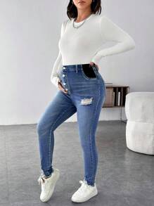 SHEIN Maternity Blue Denim Ripped Stretchy Skinny Pants - Blue - View 5