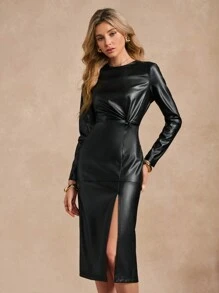 SHEIN Unity Women's Solid Color Round Neck Long Sleeve PU Waist Twist Split Hem Midcalf Elegant Dress, Autumn Maxi Women Outfit Fall Cloth For Women - Black - View 1