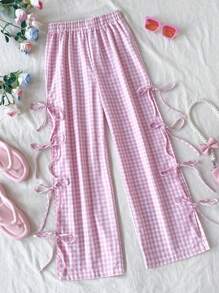 Soleia Gingham Print Tie Waist High Slit Wide Leg Pants - Pink - View 1