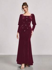 SHEIN Belle Vestido de sirena de manga larga con brillos de terciopelo y cristales, nuevo atuendo brillante para el escenario/fiesta/etiqueta, ajuste slim, vestido para invitada de boda - Burdeos - Ver 5