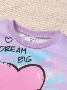 SHEIN Set de 2 piezas de sudadera con cuello redondo y diseño de corazón, y pantalón de chándal largo para niña preadolescente, conjunto lindo