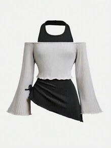 Tween Girls' T-Shirt, Street Cool Halter Neck With Asymmetric Hem And Flare Sleeves, Perfect For Spring And Fall - Multicolor - View 1