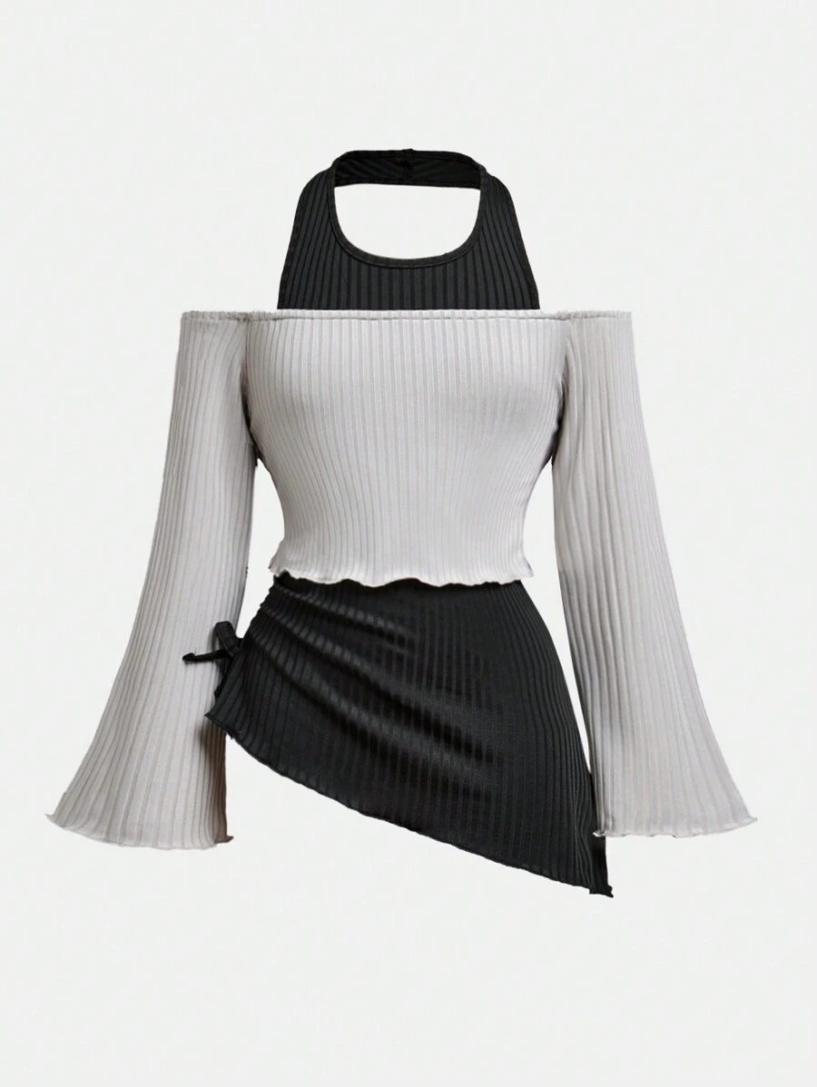 Tween Girls' T-Shirt, Street Cool Halter Neck With Asymmetric Hem And Flare Sleeves, Perfect For Spring And Fall - Multicolor - View 1