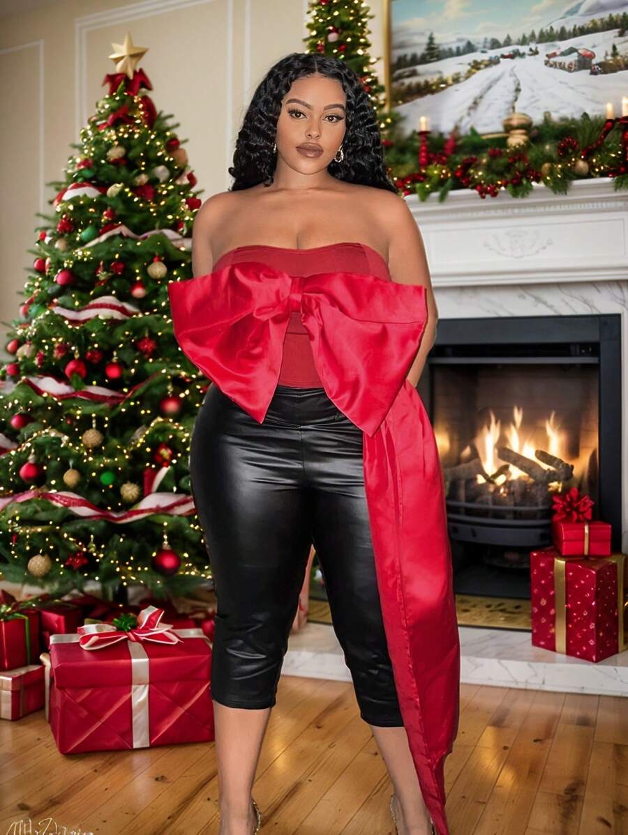 Slaydiva Elegant & Party & Event & Date & Night Out Fitted Solid Burgundy Sweetheart Neck, Adjustable Sheer Straps, Plus Size Bow Detail Side Panel, Plus Size Cropped Top, Spring Autumn